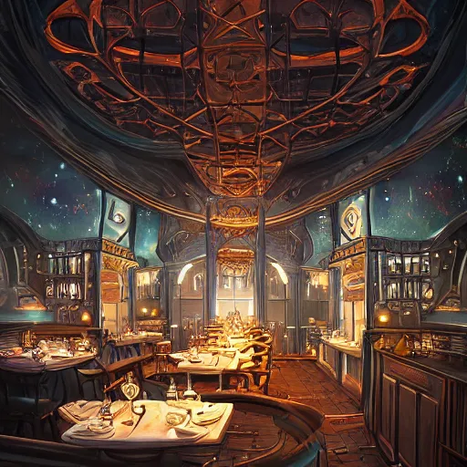 Prompt: The restaurant at the end of the universe. Dramatic setting, intricate art, trending on artstation