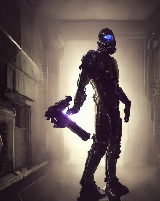 Image similar to Sci-Fi Crocodile hero alien, armored, art by Kashin, Wadim, Martinière, Stephan, holding rifle, sharp focus, pitch black infested Spaceship hallway, dark light, soft purple glow, heroic pose, sci-fi artwork, octane render, dead space artwork, cyberpunk, warm light, occult, magical, volumetric lighting, 8k high definition, highly detailed, trending on art Station, centered, by Greg Rutkovski, sci-fi artwork, arnold render