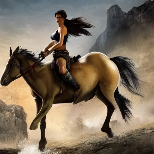 Prompt: lara croft riding arabic horse, high resolution, very detailed face,