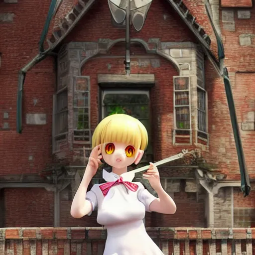 Image similar to Manga cover portrait of an extremely cute and adorable beautiful Flandre Scarlet posing for the camera in Bruges, 3d render diorama by Hayao Miyazaki, official Studio Ghibli still, color graflex macro photograph, Pixiv, DAZ Studio 3D