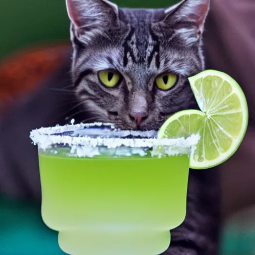 Image similar to a cat drinking a margarita