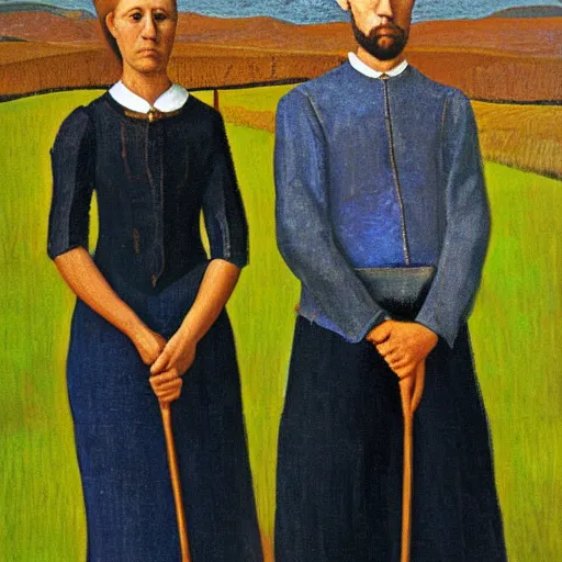 Image similar to two horses recreating the painting american gothic, by grant wood