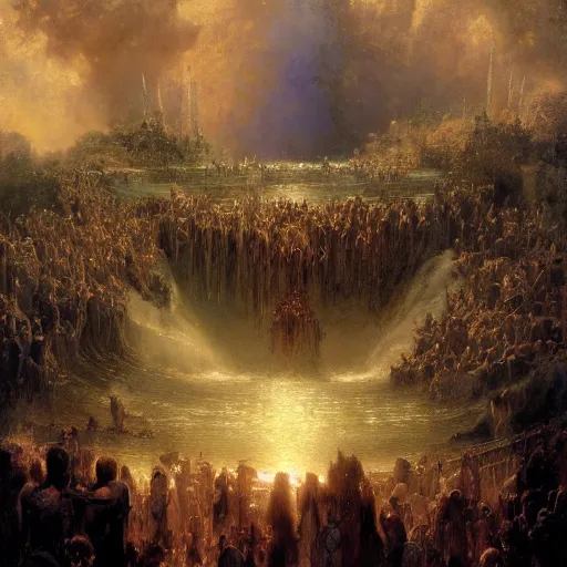 Image similar to alvah angelrune water portal to hell located in heaven, crowd of people, rule of thirds, 4 k, dark bright effect, highly detailed painting by gaston bussiere, craig mullins, j. c. leyendecker