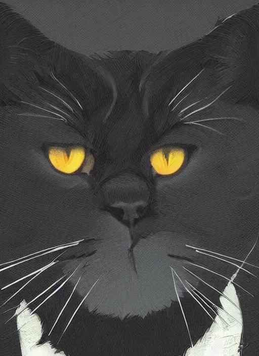 Image similar to concept portrait of black persian cat staring contemptuously at people, artstation, art by petros afshar, tom whalen, laurie greasley and greg rutkowski and ilya kuvshinov