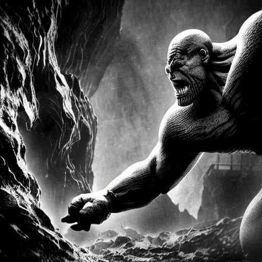 Image similar to black and white thanos fight with the thanos in a cave, by tsutomu nihei, black and white, old cave with slime and wires blur background, cinematic, perspective, realistic