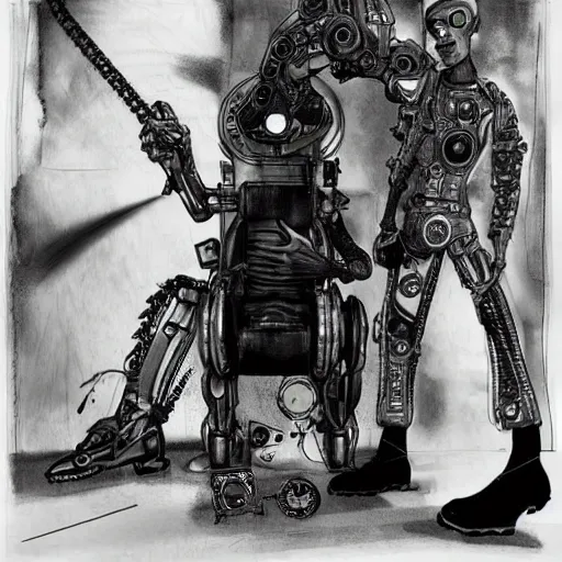 Image similar to cyborg male, slim, short hair, small scar on the chin, leather jacket with steampunk elements, one robotic arm and big shoes, book cover, deep shadows, by Dave McKean sketch lineart for character design