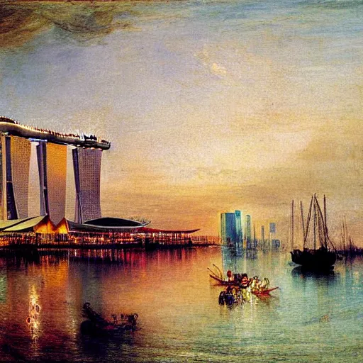 Prompt: a vibrant painting of the marina bay sands hotel in singapore by william turner, detailed, art, 1 8 2 4, british museum, colorful, beautiful