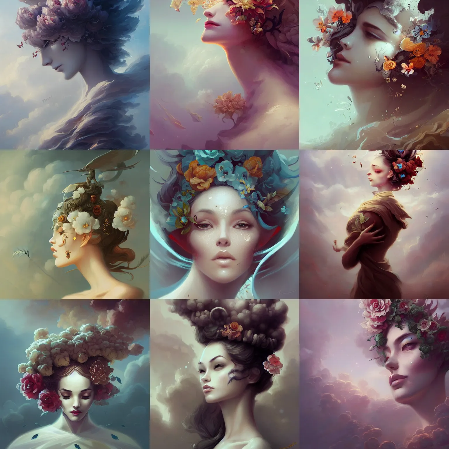 Prompt: flower face, clouds, intricate, elegant, highly detailed, digital painting, artstation, concept art, smooth, sharp focus, illustration, art by Peter Mohrbacher, Peter Mohrbacher