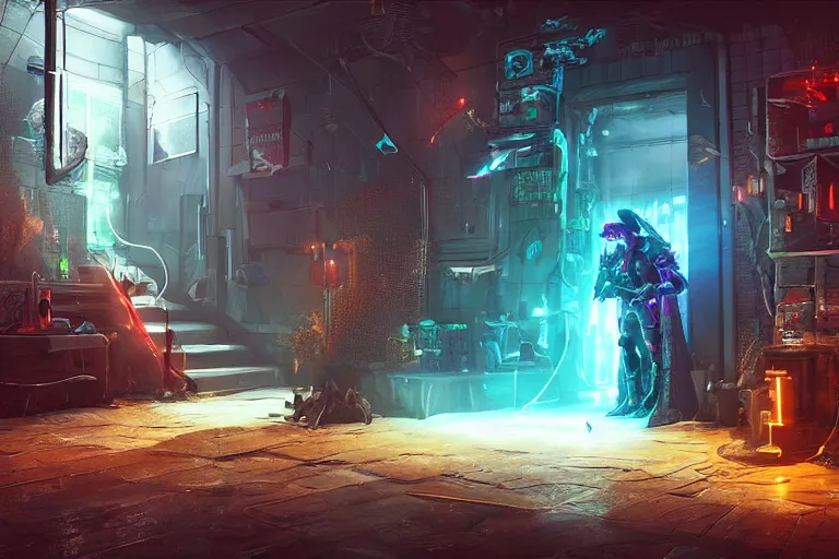 Image similar to A cyberpunk dragon in a basement protecting a technological treasure. A group of explorers are on their way, unreal engine, 8k, CGI, Ray tracing, Cyberpunk, fantasy, Elden Ring, Tron, Furi Videogame, Takashi Okazaki, neon