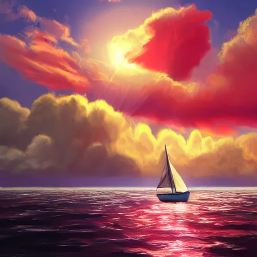 Image similar to a small sailboat flying through the sky, fluffy clouds, red-pink sunset, floating, fantasy, concept art, illustration, artstation award, bright