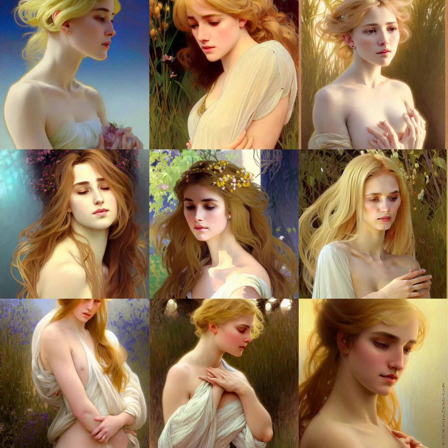 Prompt: painted portrait of a shy wife blessed by god to grow immaculately beautiful and perfect. blonde, clothed holy body, light effect. modern fantasy, feminine, fertile, in clothes! highly detailed, intricate, elegant, fertility, concept art, digital painting, artstation, smooth, sharp focus, illustration, art by gaston bussiere and alphonse mucha