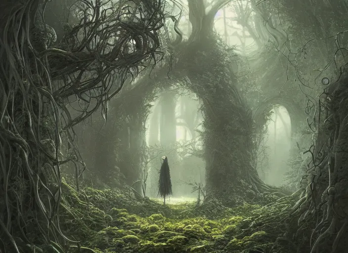 Image similar to secret garden, odd looking creatures, spooky, dark, in the style of pan's labyrinth movie, hyperrealistic, concept art, matte painting, artstation, caspar friedrich, wlop