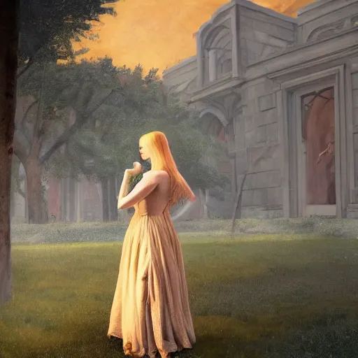 Image similar to Elle Fanning, head and shoulders masterpiece, in the painted world of Dark Souls, golden hour, in a garden, artstation, in the style of Art Deco and Edward Hopper and Bosch, extremely detailed