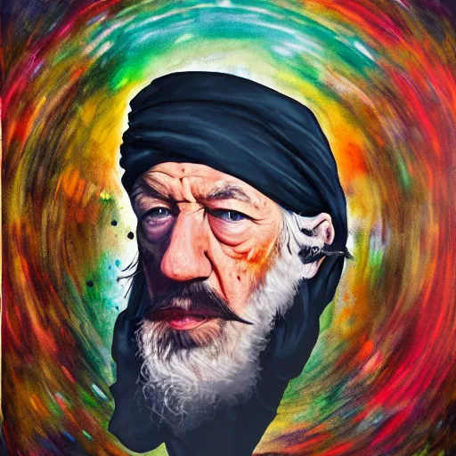 Prompt: abstract painting of ian mckellen as osama bin laden in a dark hood fighting an alien invasion by creatures from jupiter, arial shot, highly detailed, award painting, 8 k