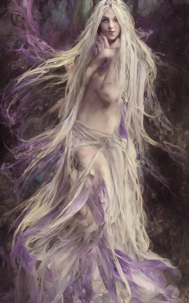 Prompt: hyperrealist portrait of a night fairy with white hair and purple eyes, wearing a long robes that fall like stars, by jeremy mann and alphonse mucha, fantasy art, photo realistic, dynamic lighting, artstation, poster, volumetric lighting, very detailed faces, 8 k, award winning