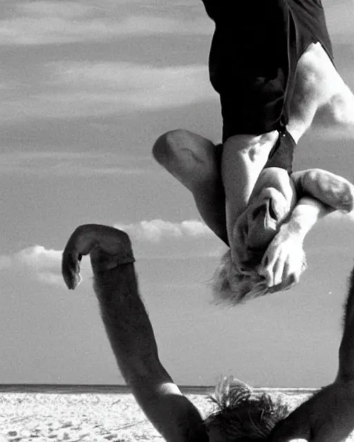 Prompt: film still close - up shot of boris johnson doing cartwheels on the beach from the movie monty python's the meaning of life. photographic, photography