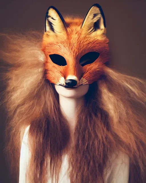 Prompt: a head and shoulders portrait of a beautiful woman wearing a fox half mask, a mask that just covers her eyes, long flowing hair, photorealism, by Nina Masic, by Flora Borsi, by Ilya Kuvshinov, 50mm f/1.4, bokeh, kodak ektar