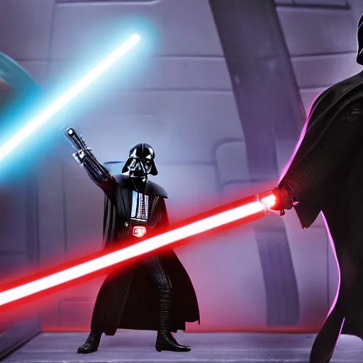 Image similar to Saul Goodman battling Darth Vader with lightsabers on the death star, 4K, detailed