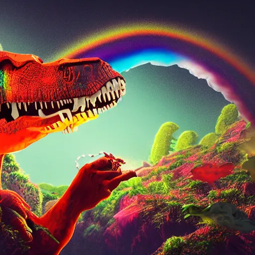 Image similar to t - rex drinking a giant ipa, hops growing everywhere, intricate complexity, inverted rainbow drip paint, psychedelic glitch art, trending on art station, photoreal, 8 k, octane render