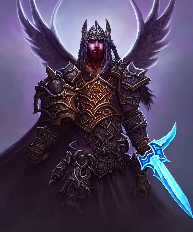 Image similar to dark world of warcraft blizzard art, portrait of fallen man angel kneeling with a sword and wings, bokeh. dark art masterpiece artstation. 8k, sharp high quality illustration in style of Jose Daniel Cabrera Pena and Leonid Kozienko, concept art by Tooth Wu