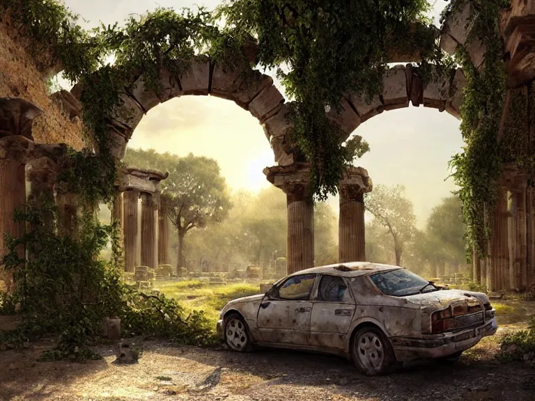 Image similar to a tree growing on a scrap car in ancient greek ruins, gray wasteland, many overgrown scrap cars, overgrown pillars and arches, vines, flowers, hyperrealistic, highly detailed, cinematic, ray of golden sunlight, beautiful, cgsociety, artstation, 8 k, oil painting by greg rutkowski, by artgerm, by wlop