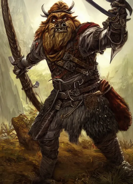 Image similar to strong young man, photorealistic bugbear ranger holding a flaming sword, black beard, dungeons and dragons, pathfinder, roleplaying game art, hunters gear, jeweled ornate leather and steel armour, concept art, character design on white background, by alan lee, norman rockwell, makoto shinkai, kim jung giu, poster art, colours red and green