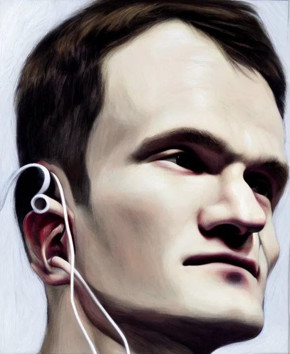 Image similar to vitalik buterin in headphones. vitalik buterin, close up, perfect symmetric face, coherent eyes, cute beautiful face, fine details., 4 k, hans zatska, oil paint