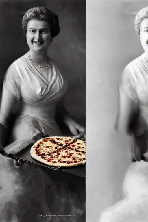 Image similar to historical photo of queen margherita ( savoy ) smiling seductively at her pizza margherita, closeup photo, portrait photo, diffuse light, acclaimed masterpiece