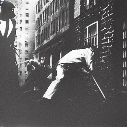 Image similar to old black and white photo, 1 9 2 5, depicting batman fighting a al capone in an alley of new york city, rule of thirds, historical record