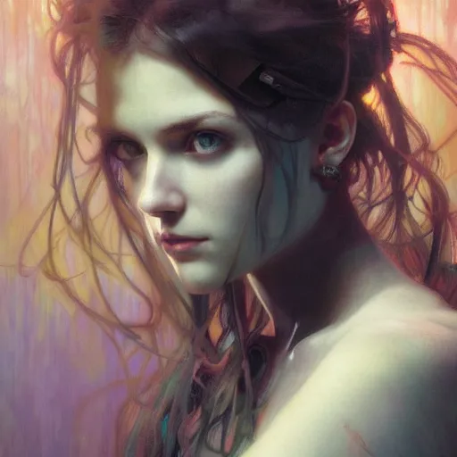 Image similar to hyperrealist portrait of a pretty young female android with large eyes and long hair standing in front of a computer simulation by jeremy mann and alphonse mucha, fantasy art, photo realistic, dynamic lighting, artstation, poster, volumetric lighting, very detailed faces, award winning