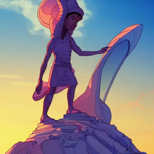 Prompt: a young mixed race explorer wearing a futuristic headpiece who is standing on top of a giant head of a statue in the style of max prentis and moebius and murton.arts, highly detailed, 8k wallpaper, adventure time colour palette