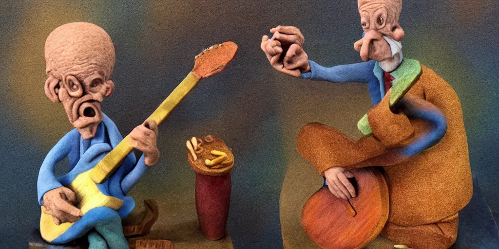 Image similar to a old man playing guitar, surrealistic detailed claymation art, moody, foggy