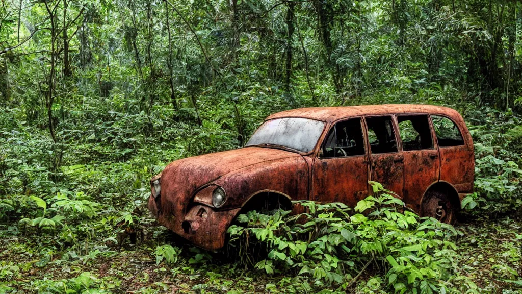 Image similar to A rusted car in a jungle