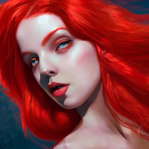 Image similar to a red haired goddess hanging upside down, intricate, elegant, highly detailed, digital painting, artstation, concept art, sharp focus, illustration, in the style of magic the gathering