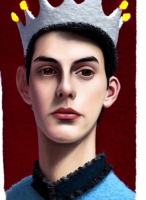 Image similar to portrait of teenage jughead jones wearing a light grey crown, photorealistic, crown made of felt fabric, crown, crown made of felt, black hair, intricate, elegant, highly detailed, digital painting, glowing lights, artstation, concept art, smooth, sharp focus, illustration, art by wlop, mars ravelo and greg rutkowski