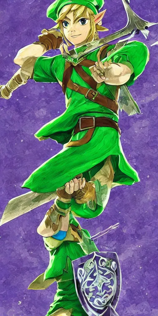 Image similar to link dressed in traditional green tunic and cap, holding the master sword and hylian shield in each hand, in dynamic fighting pose, clear detailed face with focused expression, mystical forest background, dark skies, green purple blue pink iridescent color scheme, intricately detailed, finely textured, cgsociety