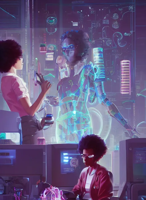 Image similar to afro - cyberpunk scientists in lab coats, cybernetic limbs and holograms, hacking the metaverse | hyperrealistic oil painting | by makoto shinkai, ilya kuvshinov, lois van baarle, rossdraws, basquiat | afrofuturism, in the style of hearthstone, trending on artstation | dark color scheme