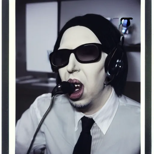 Image similar to Marilyn Manson, working in a call center, polaroid photograph, 4k