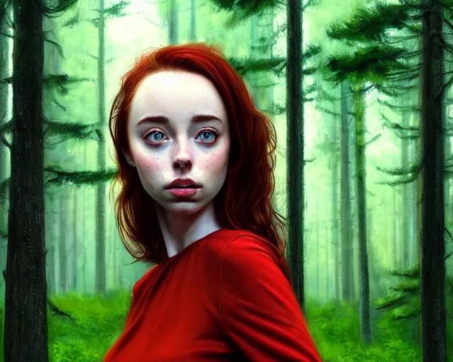 Image similar to realistic character concept, gorgeous Kacey Rohl, red hair, small freckles, symmetrical face, symmetrical eyes, green dress, forest, trees, shorter neck, cinematic lighting, artgerm, Joshua Middleton, Adreas Rocha, beautiful