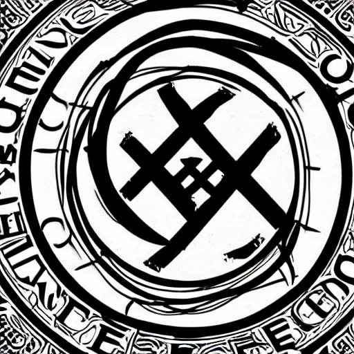 Image similar to a logo for a philosophy club, deathmetal style writing, black and white