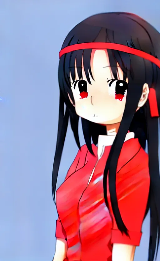 Image similar to anime girl with a detailed face and black hair in a red outfit, full body, trending, blank space at the top, illustration