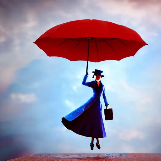 Image similar to mary poppins holding an umbrella, being blown to the sky by the strong wind. 3 d octane render