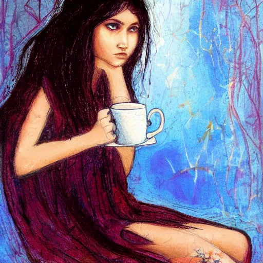 Image similar to painting in the style of lois royo of a single young girl, alone, with no one else around, sitting alone on her throne, drinking coffee. she has long dark hair, blue eyes, two arms, two legs, one torso and one head.