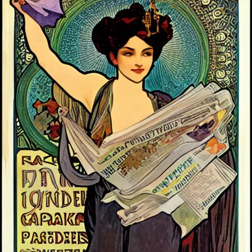 Image similar to The goddess of Fake News holding newspapers with fake headlines, poster by Alphonse Mucha