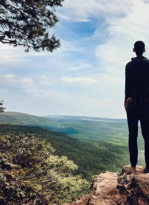 Image similar to a man standing on a viewpoint looking out over a beautiful landscape where new and exciting adventure and potential await