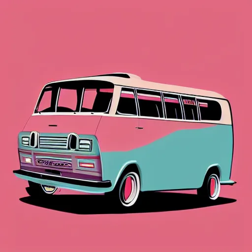 Image similar to retro painting illustration of a volswagen van, 2 d, pastel color, retro style art, trendy on artstation