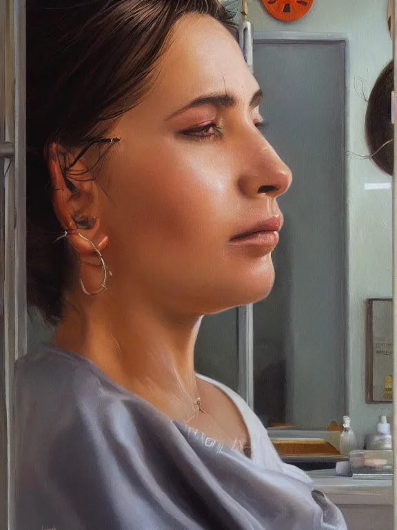 Image similar to an ultradetailed beautiful portrait painting of a cuban woman at a barber shop, side view, oil painting, high resolution, by ilya kuvshinov, greg rutkowski and makoto shinkai