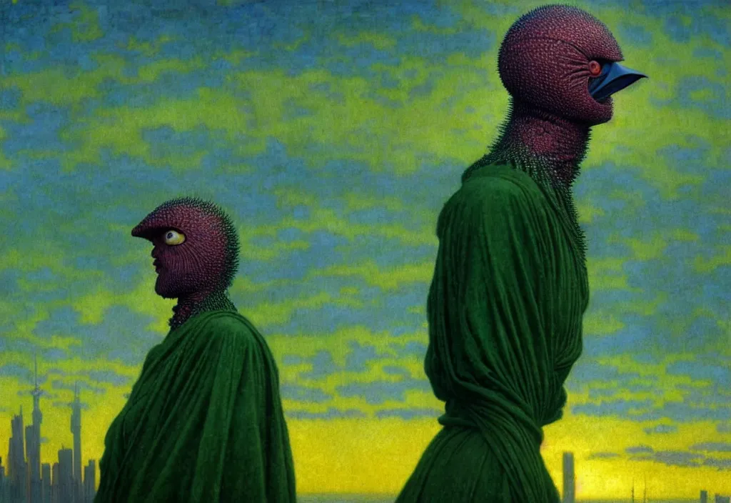 Image similar to realistic detailed portrait movie shot of a birdman wearing dark green ragged robes, futuristic city sunrise landscape background by denis villeneuve, jean delville, yves tanguy, alphonse mucha, ernst haeckel, max ernst, roger dean, rich moody colours, ethereal, closeup