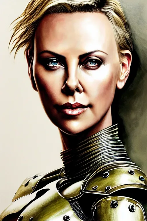 Image similar to a photorealistic painting of Charlize Theron, partially clothed in metal-plated battle armor, olive skin, long dark hair, beautiful bone structure, symmetrical face, perfect eyes, intricate, elegant, digital painting, concept art, illustration, sharp focus, minimal artifacts, from Metal Gear, in the style of Ruan Jia and Mandy Jurgens and Greg Rutkowski, trending on Artstation, award winning