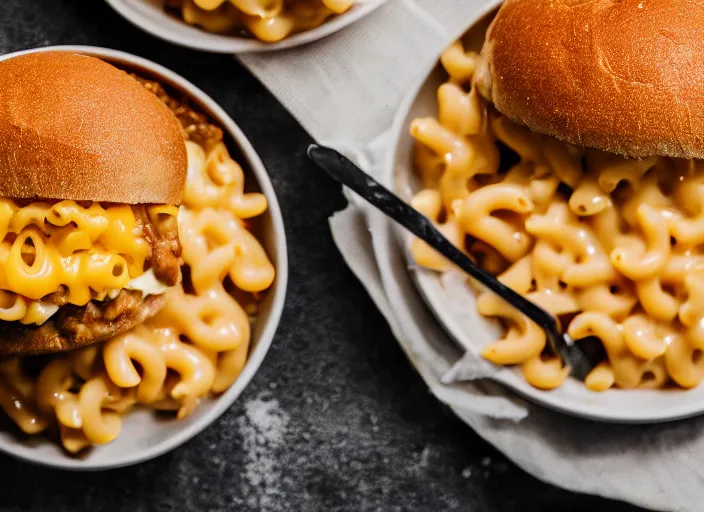 Image similar to dslr food photograph of hamburger over macaroni and cheese, 4 k award winning 8 5 mm f 1. 8
